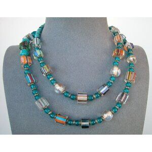 Necklace Blue, Orange, Clear 30" Square Beads,  30"